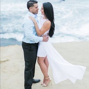 Bebe white high low dress rhinestone/embroidered